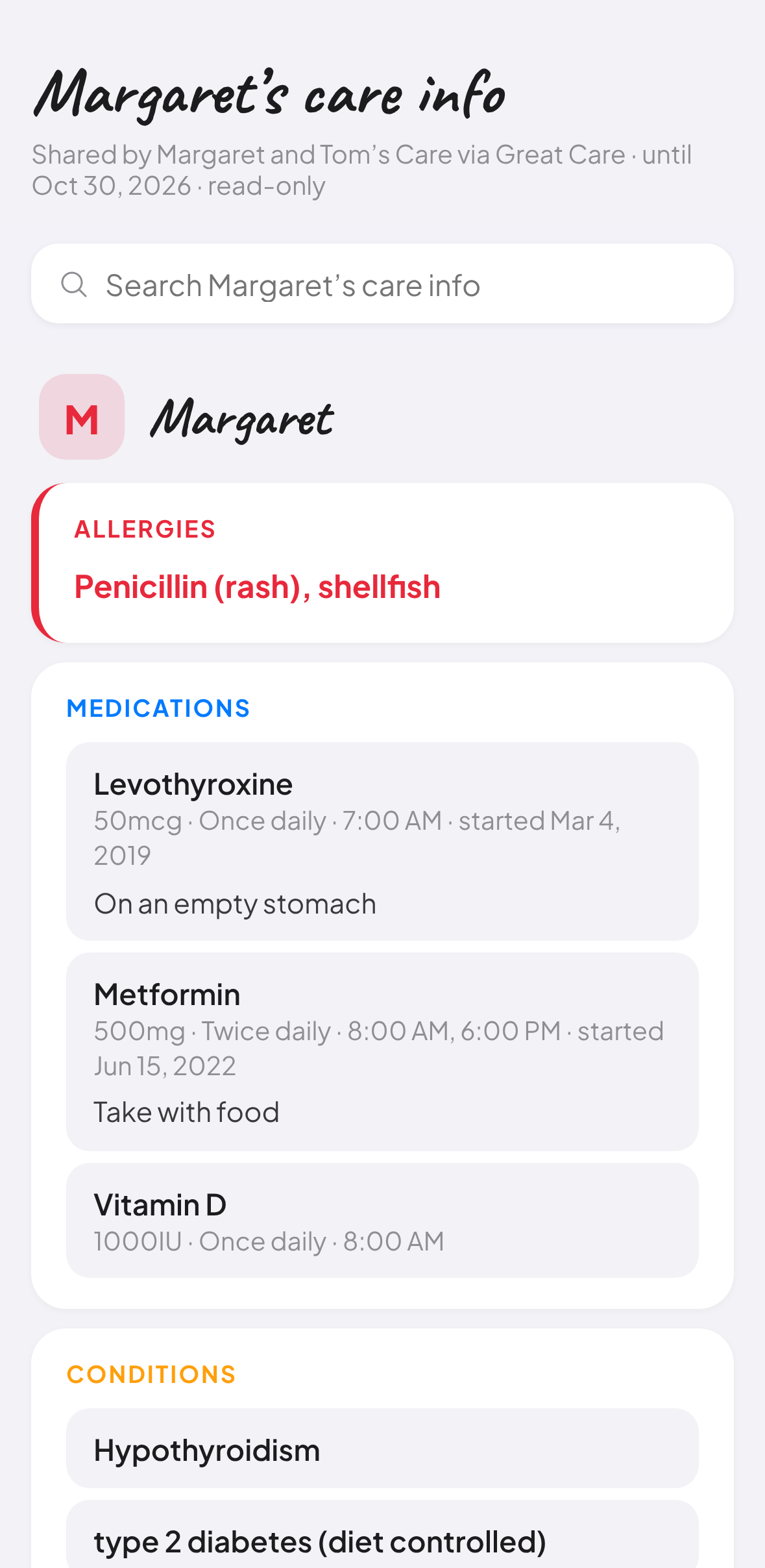 What a Care Link looks like to the person you send it to: Margaret’s care info, shared read-only until a set date, with a search box, her allergies, her medications and when each was started, and her conditions.