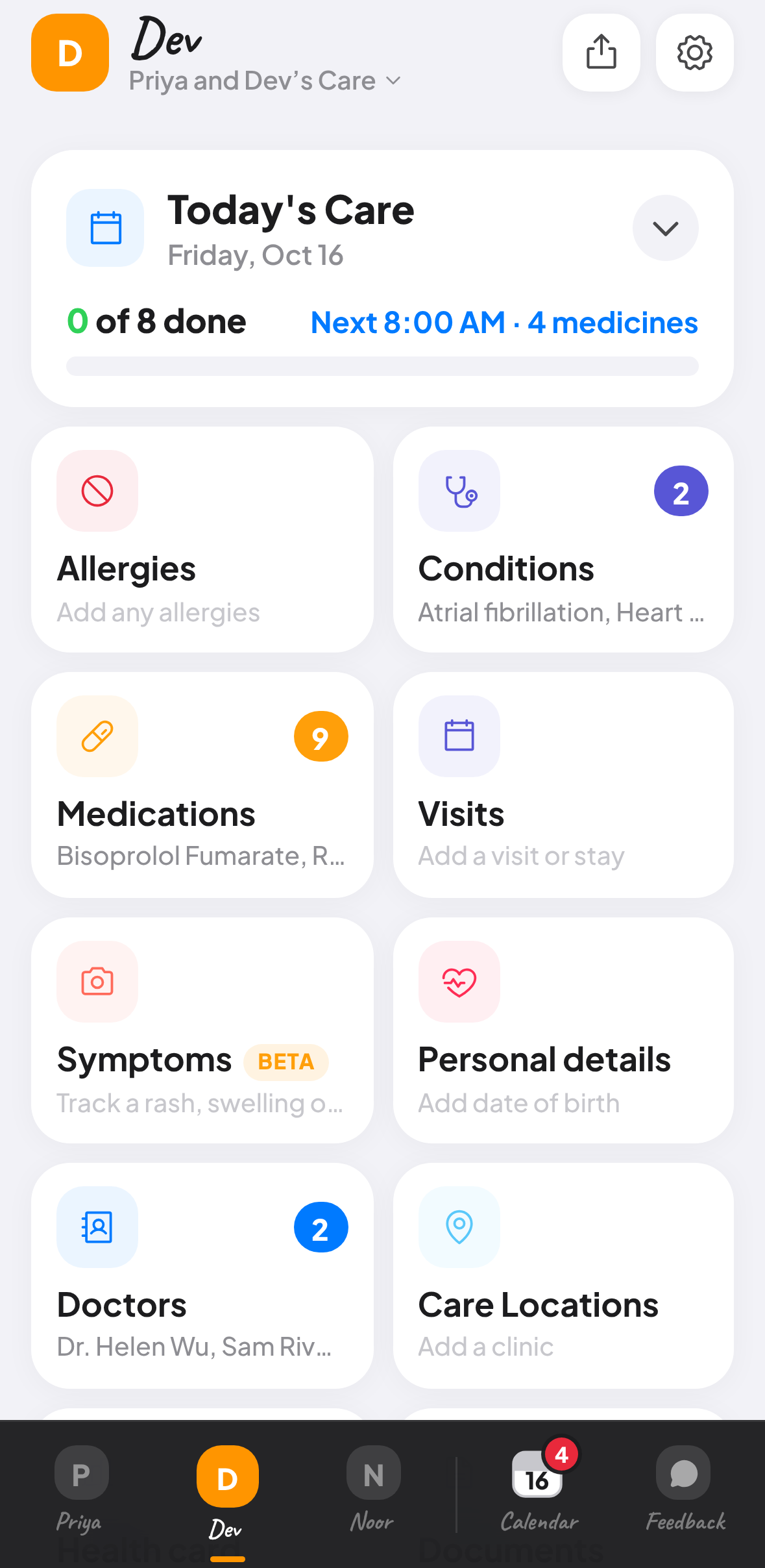 A person’s page in Great Care: allergies, conditions, medications, visits, symptoms, personal details, doctors and care locations.