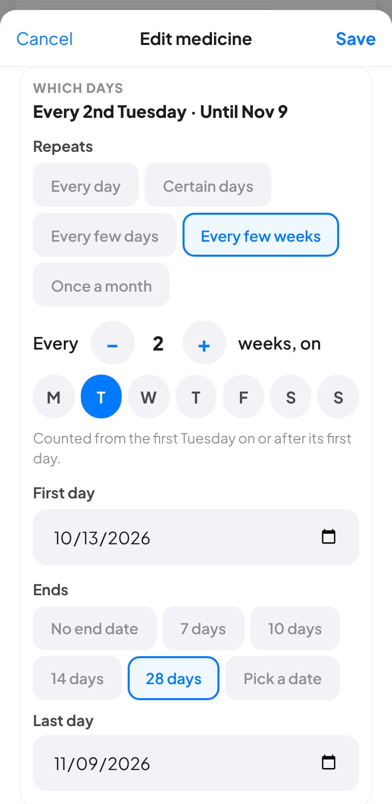 Every 2nd Tuesday, for 28 days