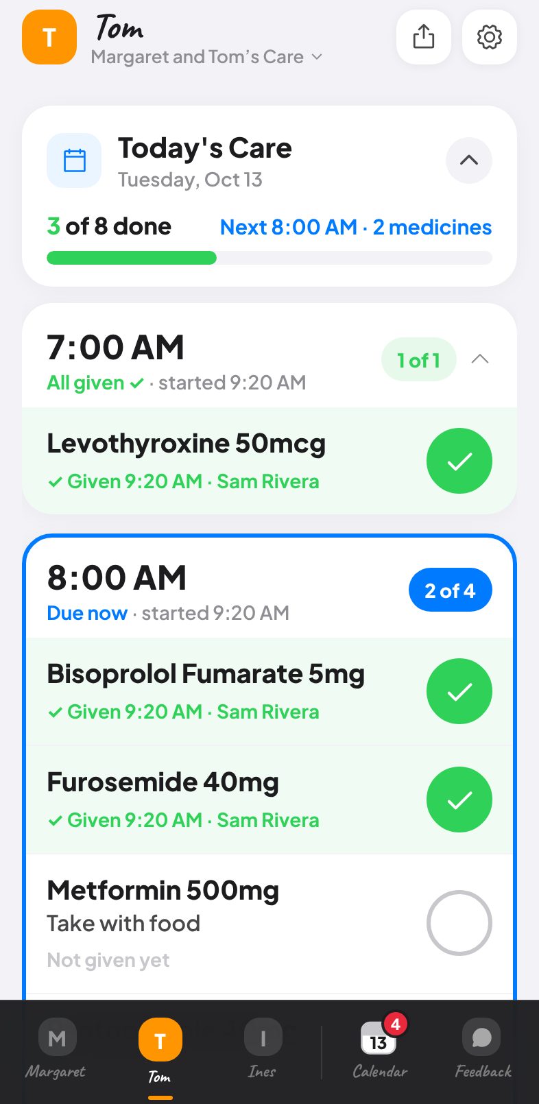 The day by time, and who gave each dose