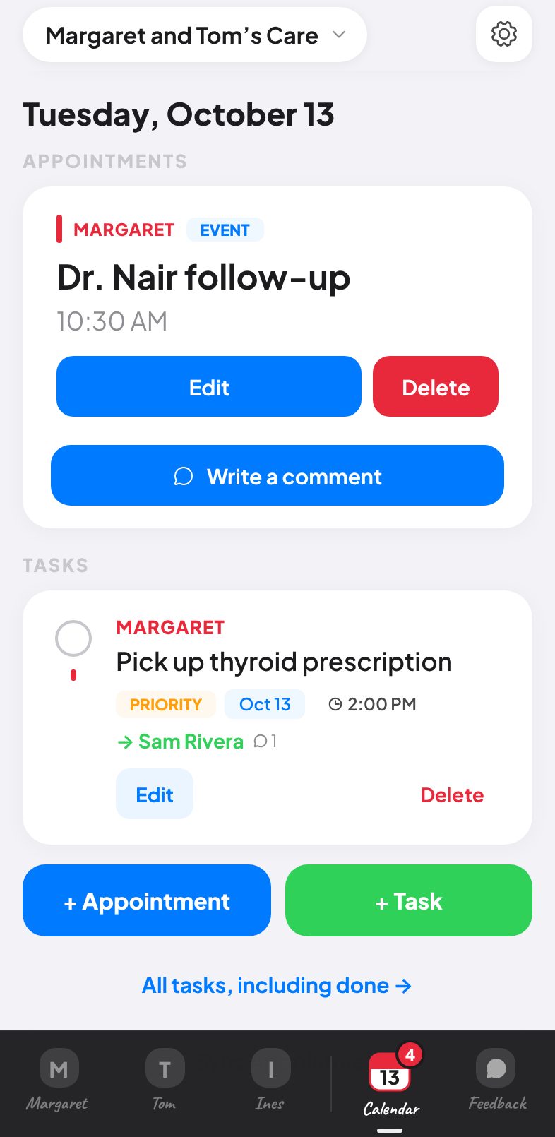 A day: appointments, tasks, and add either